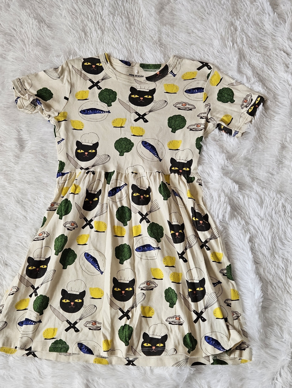 Mini Rodini Cream Dress with Black Chef Cat & Yellow Details